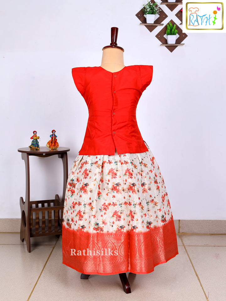 Red Karishma Top with White Floral Printed Art Silk Pavadai