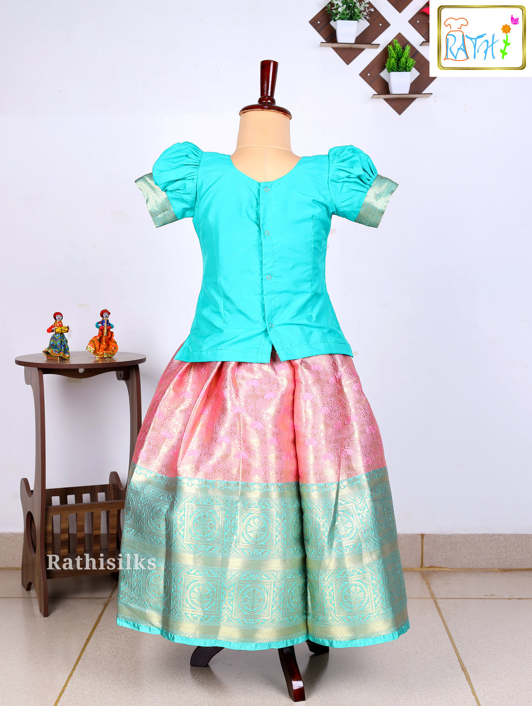 Green Karishma Top with Pink Art Silk Pavadai Set