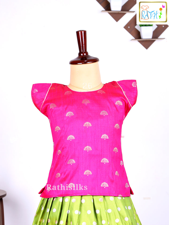 Pink Karishma Top with Green Polka Art Silk Pavadai Set