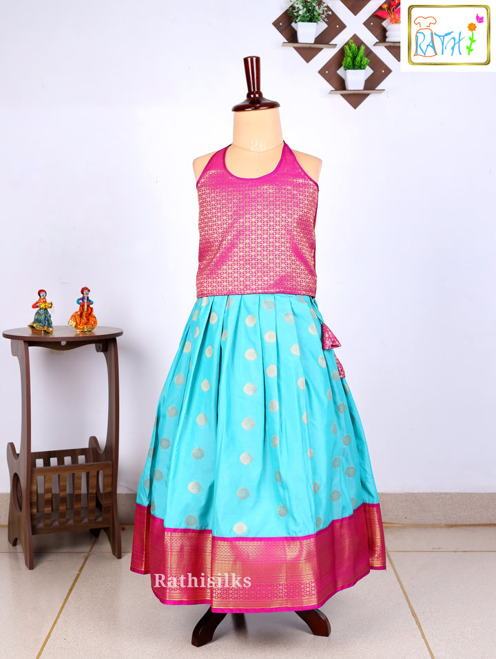 Pink Karishma Top with Aqua Blue Art Silk Pavadai Set
