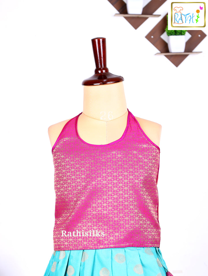 Pink Karishma Top with Aqua Blue Art Silk Pavadai Set