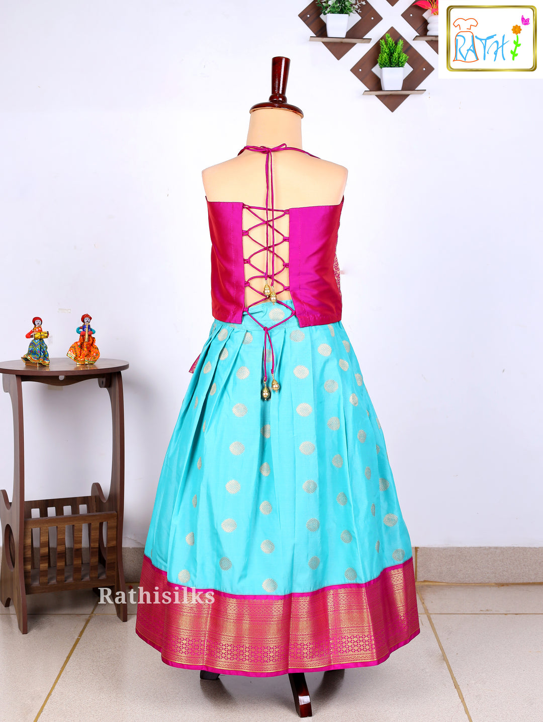Pink Karishma Top with Aqua Blue Art Silk Pavadai Set