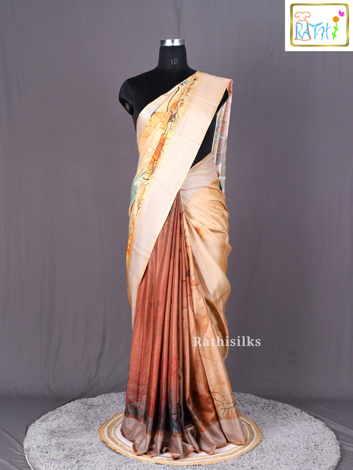 Beige & Brown Artistic Printed Cotton-Based Saree