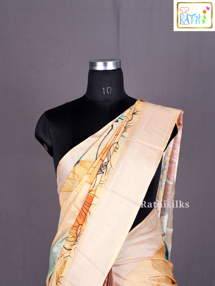Beige & Brown Artistic Printed Cotton-Based Saree