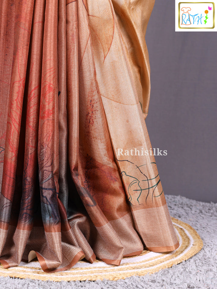 Beige & Brown Artistic Printed Cotton-Based Saree