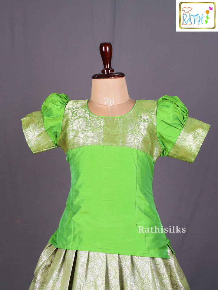 Green Blouse with Silver Zari Woven Art Silk Pavadai Set
