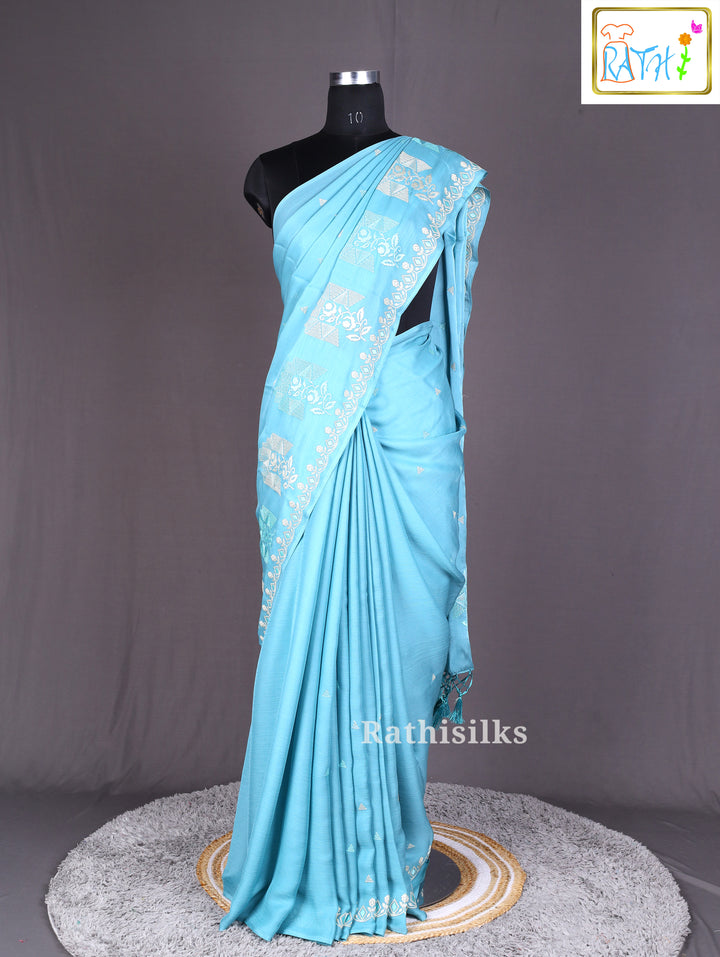 Sky Blue Chiffon Embroidered Saree