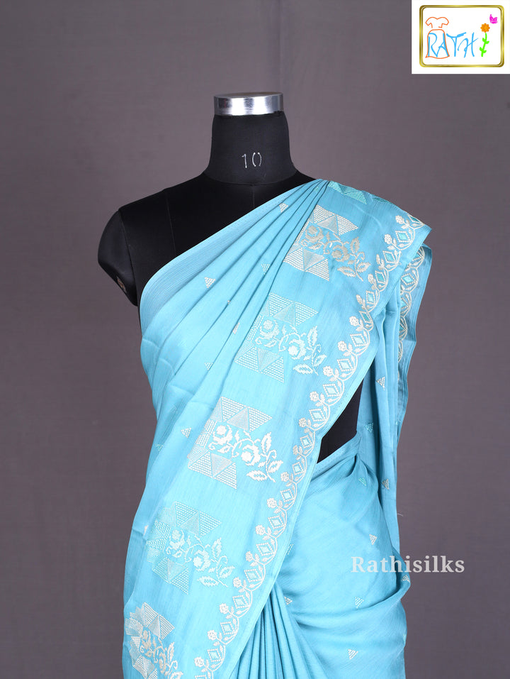 Sky Blue Chiffon Embroidered Saree