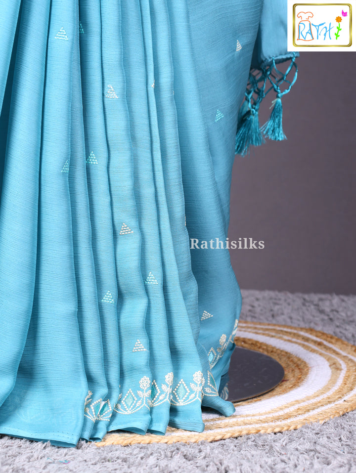 Sky Blue Chiffon Embroidered Saree