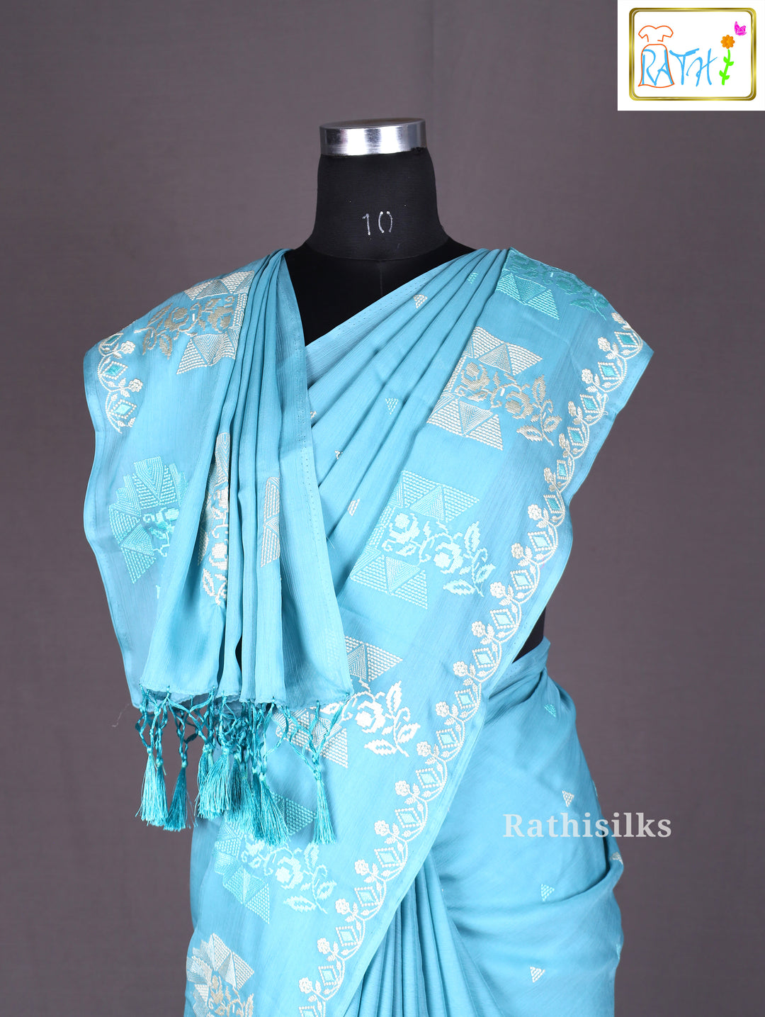 Sky Blue Chiffon Embroidered Saree