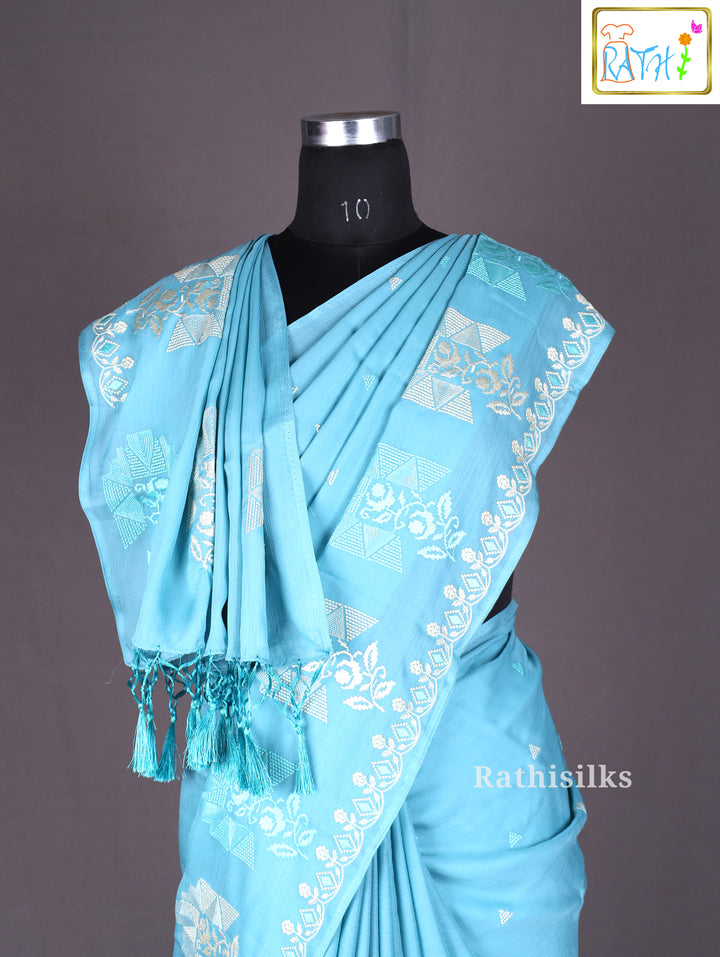 Sky Blue Chiffon Embroidered Saree