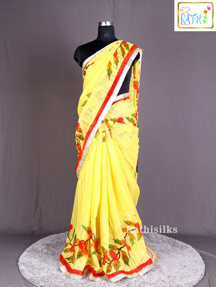 Elegant Yellow Floral Printed Cotton Saree