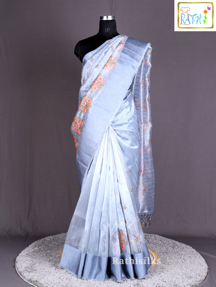 Silver Blue Floral Organza Saree