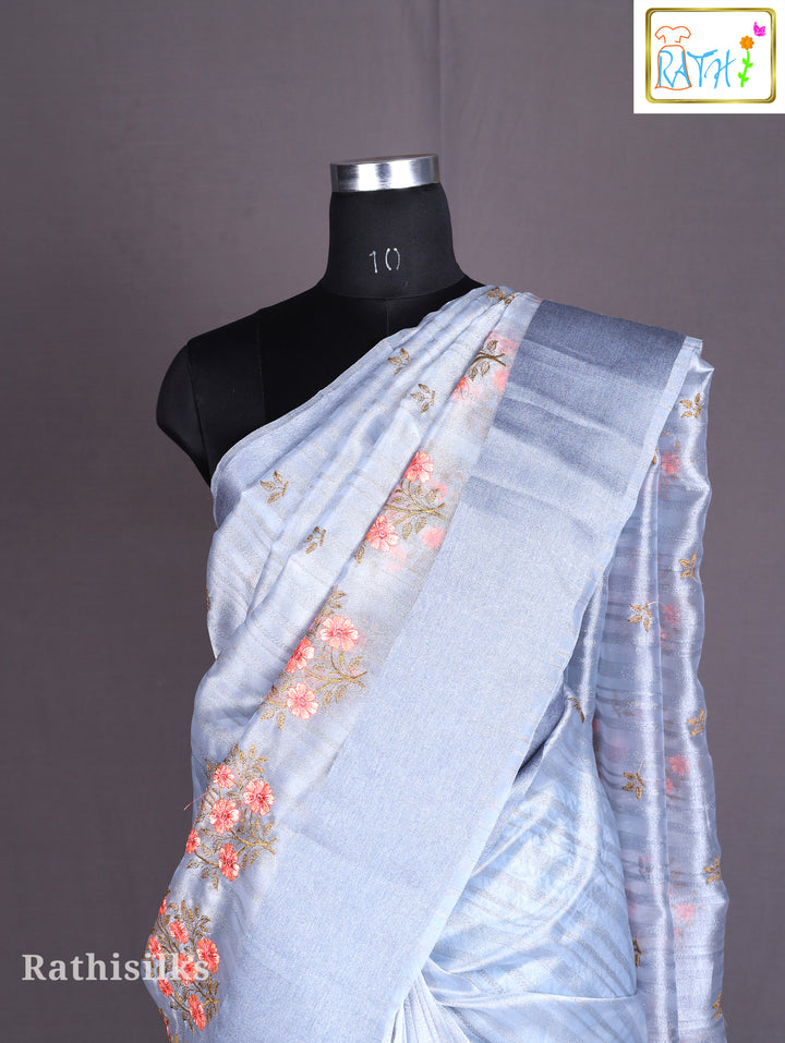 Silver Blue Floral Organza Saree