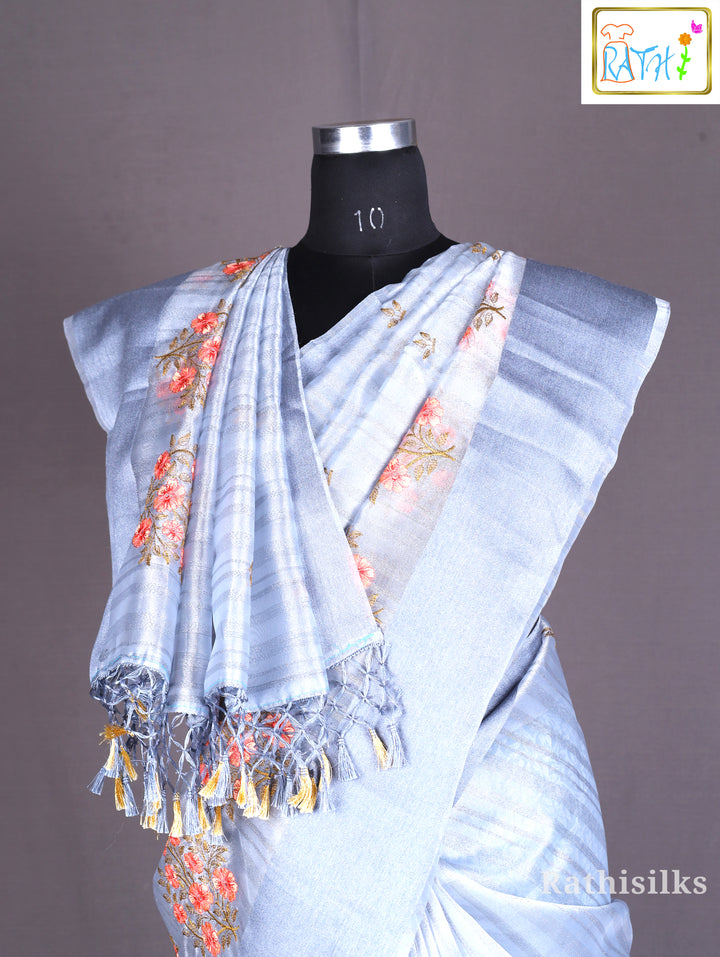 Silver Blue Floral Organza Saree