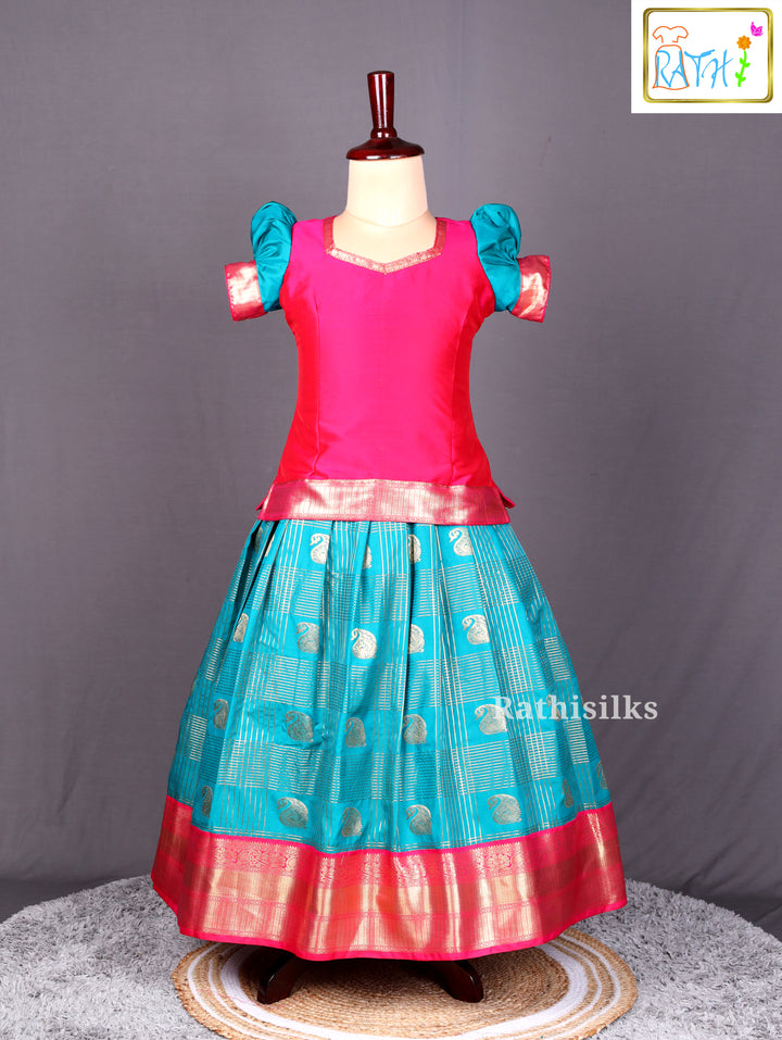 Teal &amp; Pink Art Silk Pavadai Set for Girls