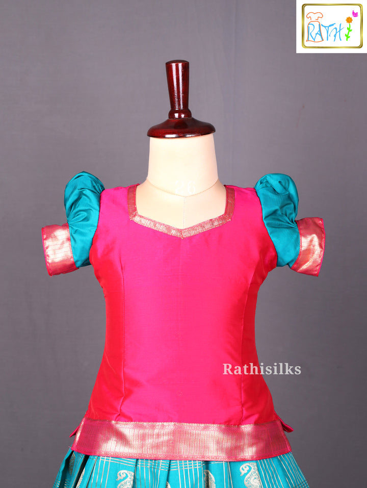 Teal &amp; Pink Art Silk Pavadai Set for Girls