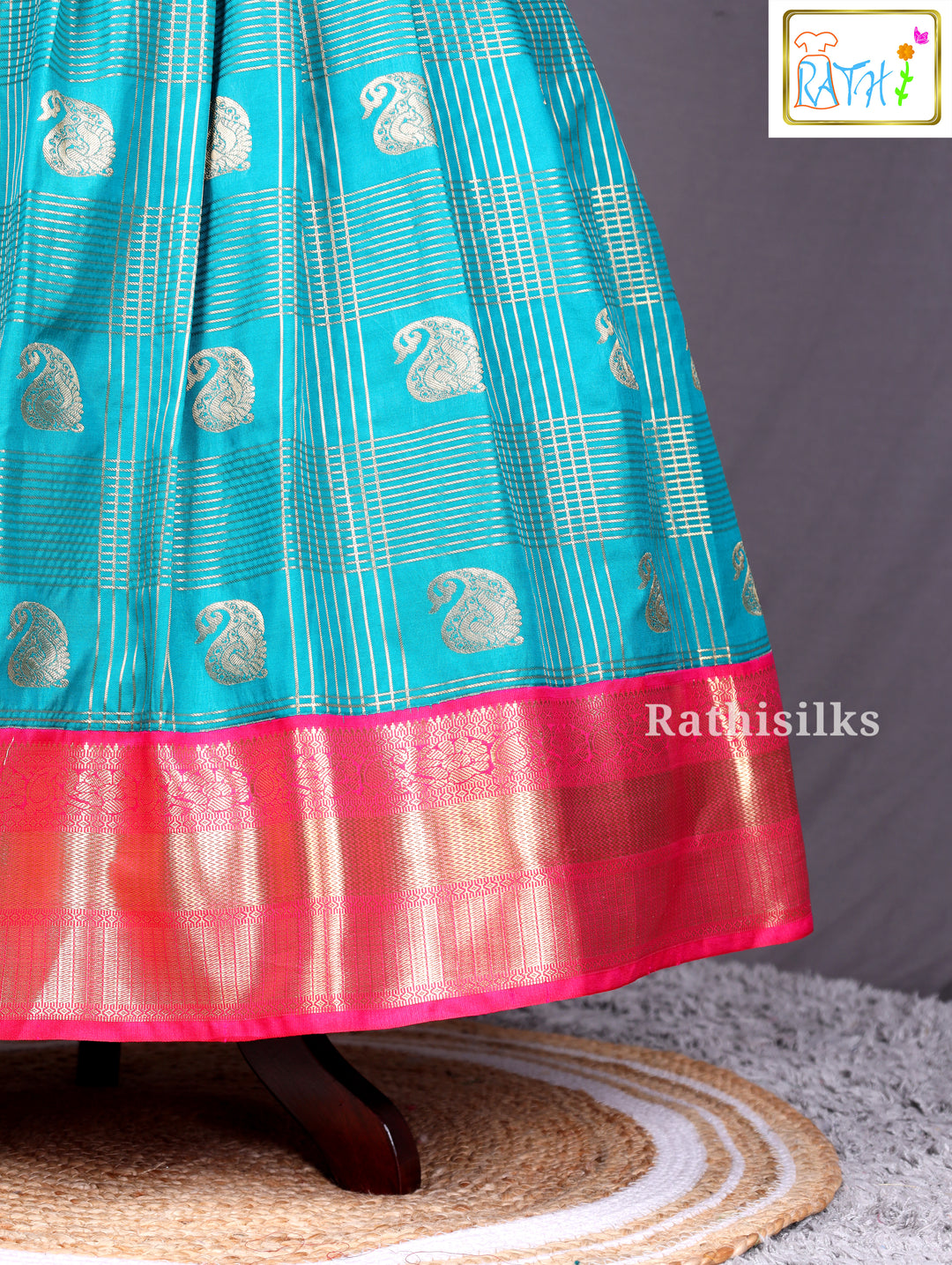 Teal &amp; Pink Art Silk Pavadai Set for Girls