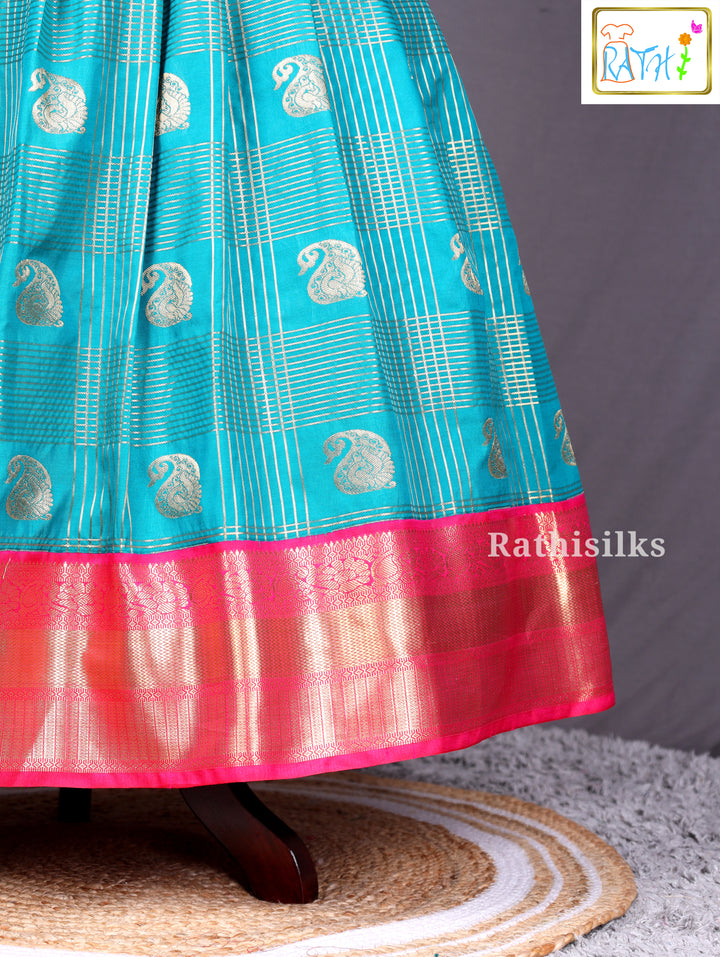 Teal &amp; Pink Art Silk Pavadai Set for Girls
