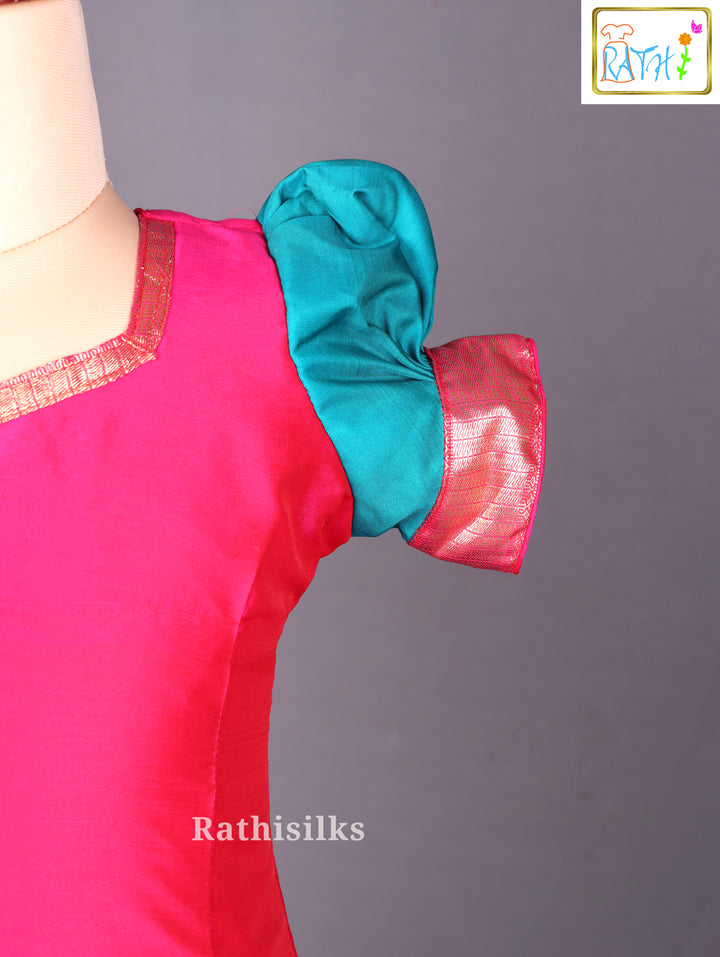 Teal &amp; Pink Art Silk Pavadai Set for Girls