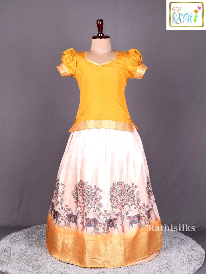 Mustard Blouse &amp; Peach Printed Art Silk Pavadai Set