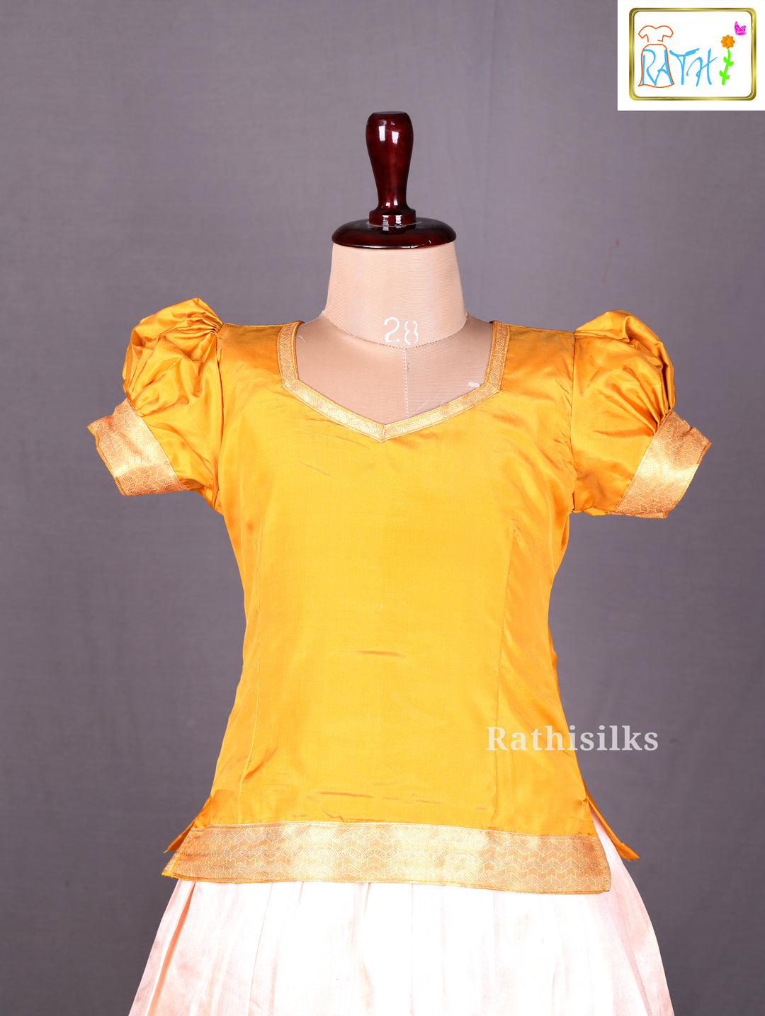 Mustard Blouse &amp; Peach Printed Art Silk Pavadai Set