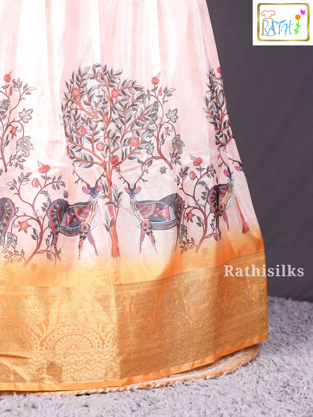 Mustard Blouse &amp; Peach Printed Art Silk Pavadai Set