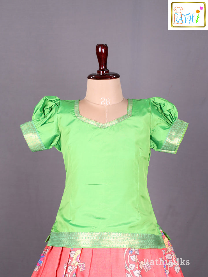 Elegant Green & Coral Art Silk Pavadai Set