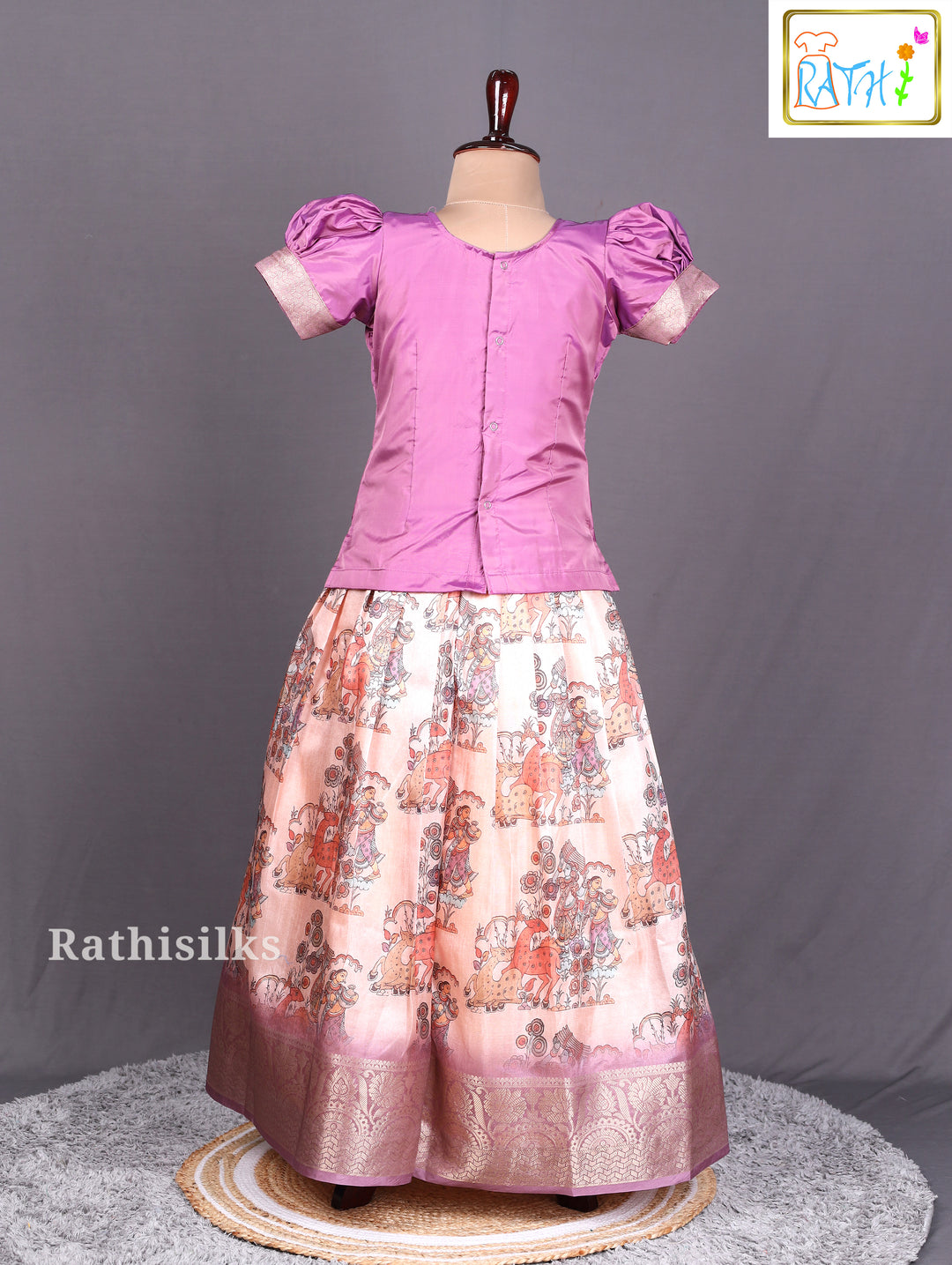 Elegant Pink & Cream Art Silk Pavadai Set