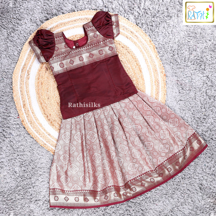 Maroon Art Silk Pattu Pavadai Set for Girls