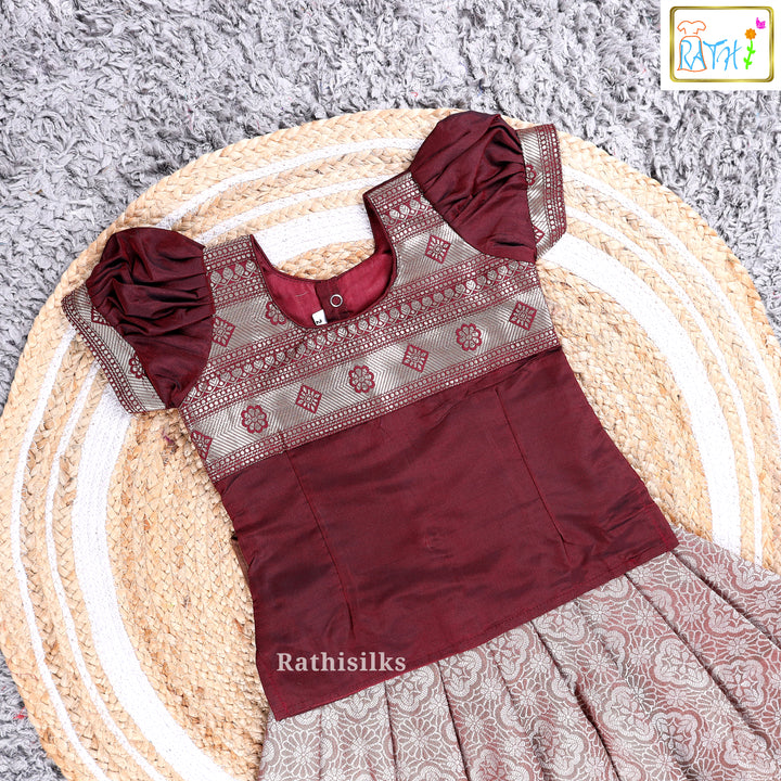 Maroon Art Silk Pattu Pavadai Set for Girls