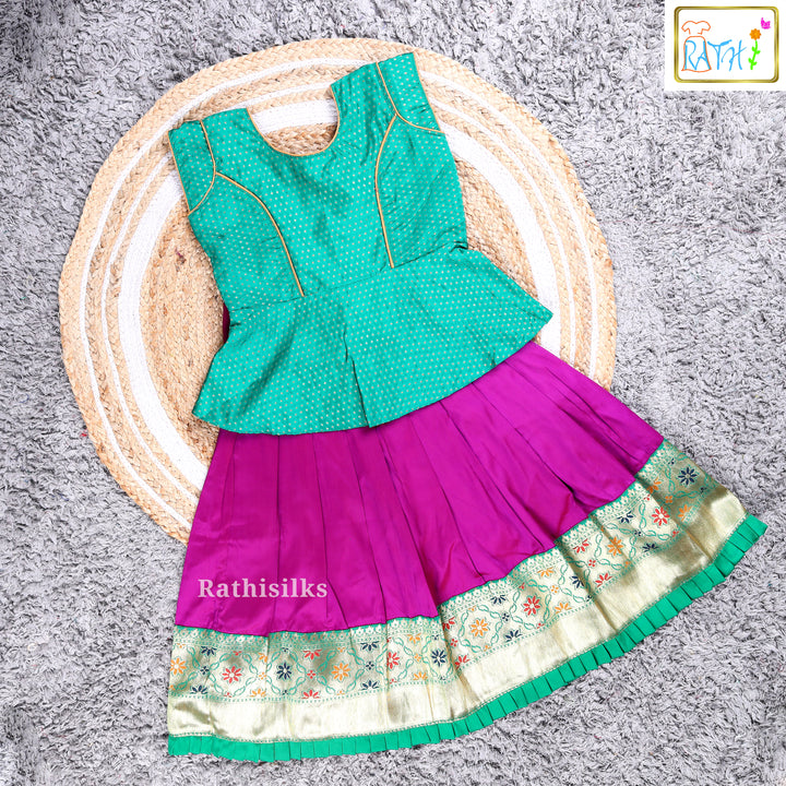 Elegant Green & Purple Art Silk Pavadai Set