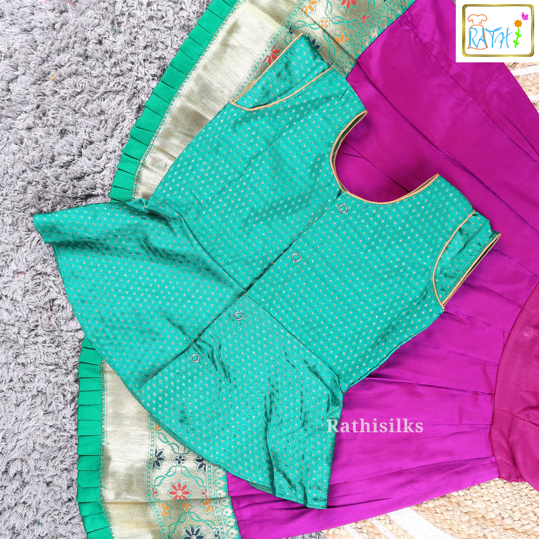 Elegant Green & Purple Art Silk Pavadai Set