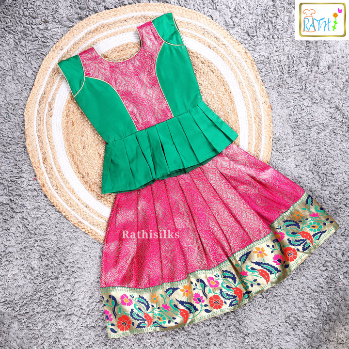 Elegant Green & Pink Art Silk Pavadai Set