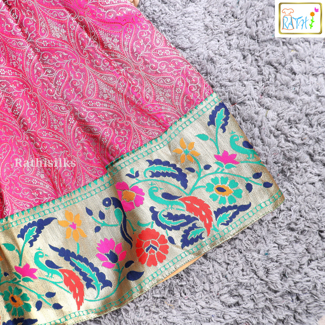 Elegant Green & Pink Art Silk Pavadai Set
