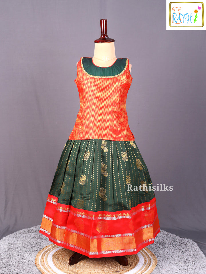 Designer Green & Red Art Silk Pavadai Set