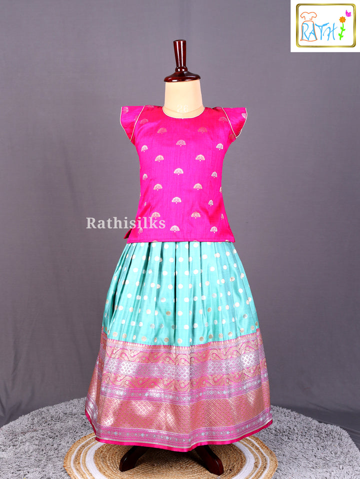 Elegant Pink & Aqua Art Silk Pavadai Set