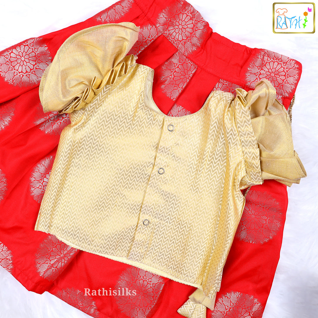 Designer Sandal Top with Red Art Silk Pavadai Set