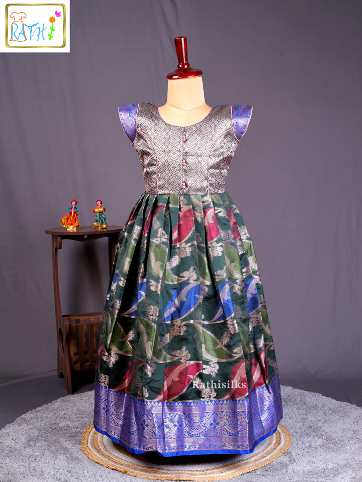 Elegant Green & Blue Brocade Frock