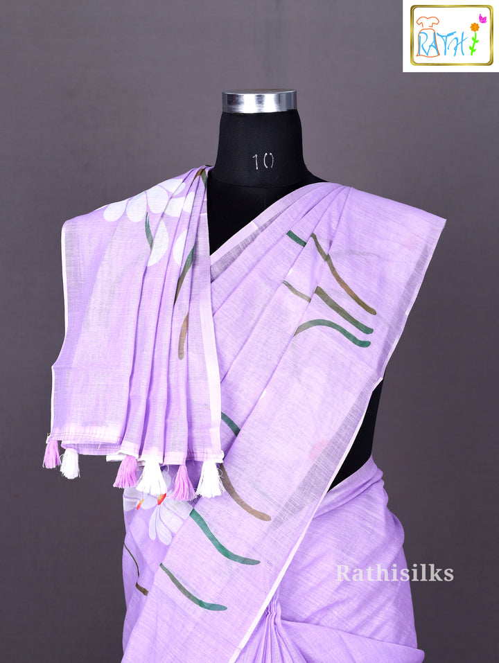 Lavender Linen Cotton Printed Saree
