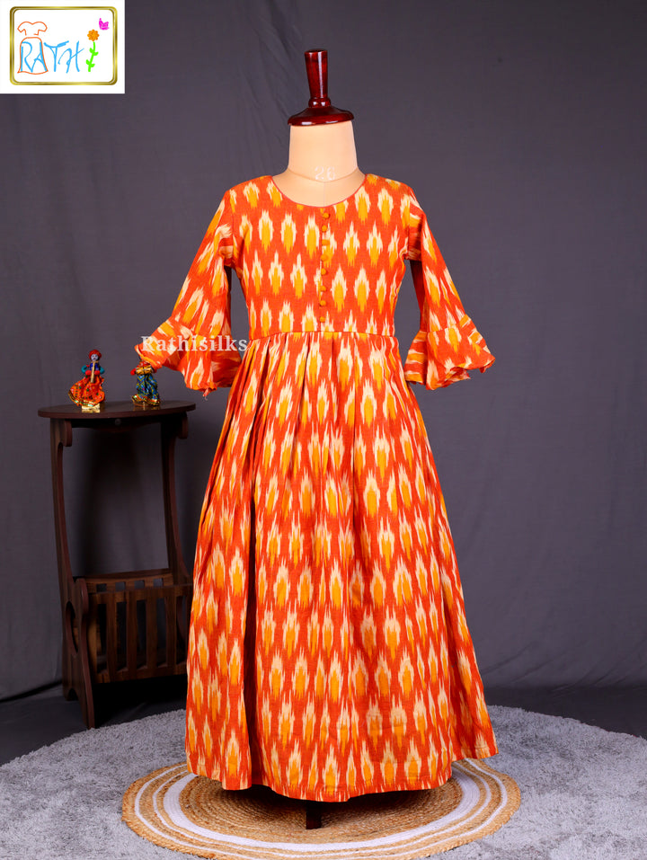Elegant Orange Ikat Cotton Frock