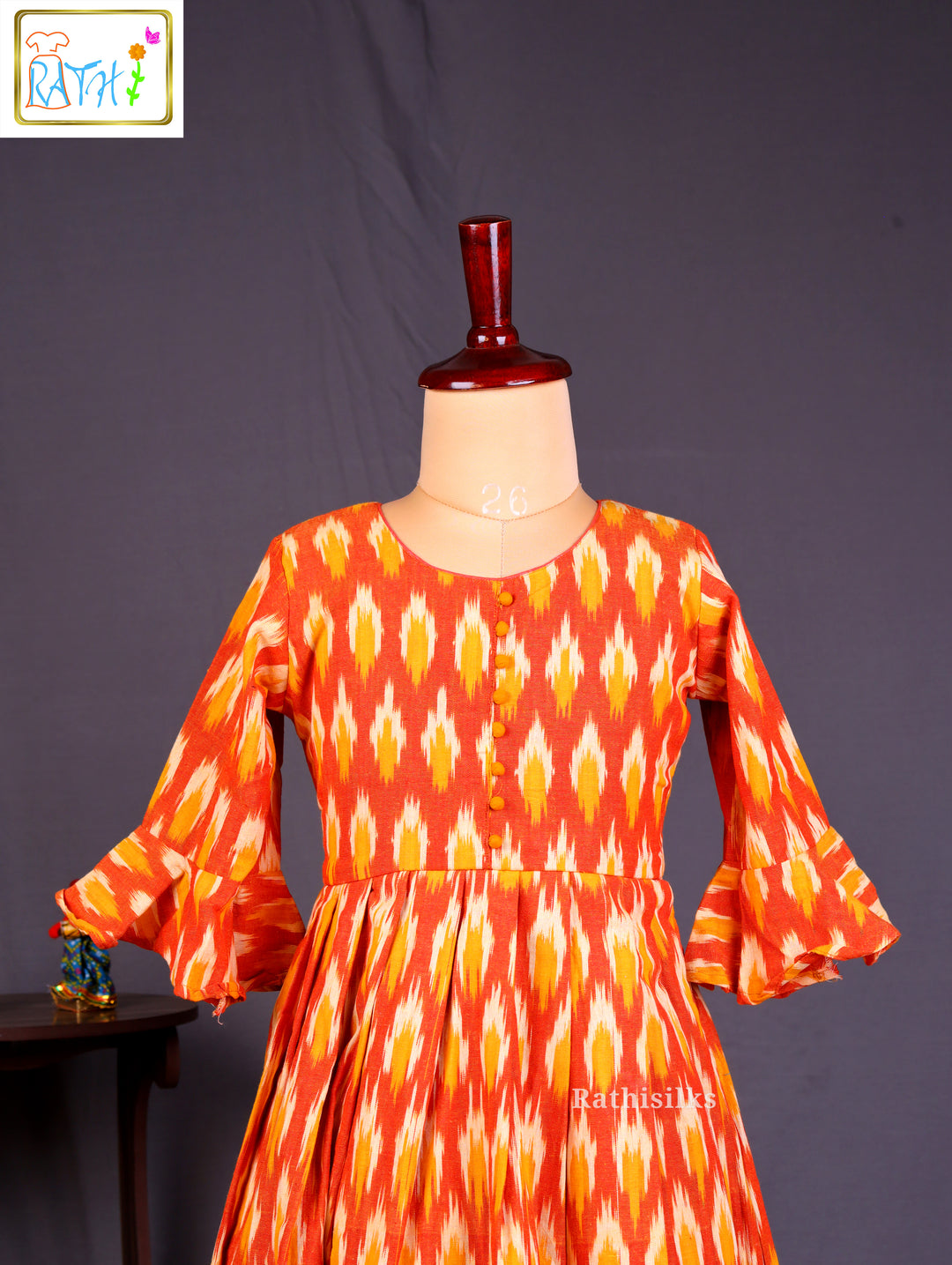 Elegant Orange Ikat Cotton Frock