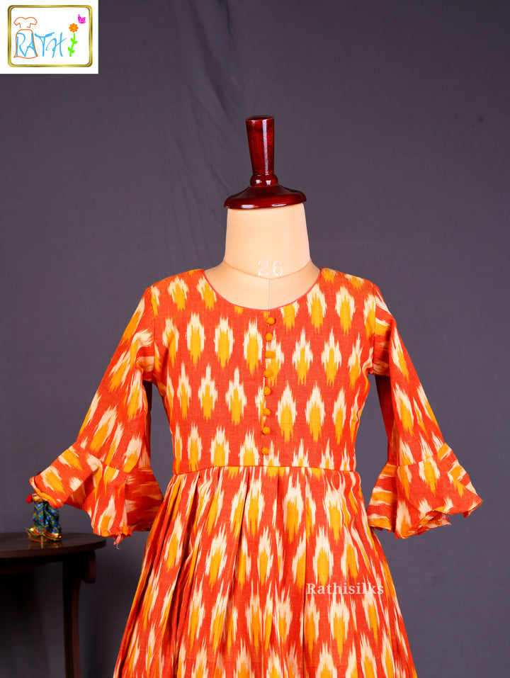 Elegant Orange Ikat Cotton Frock