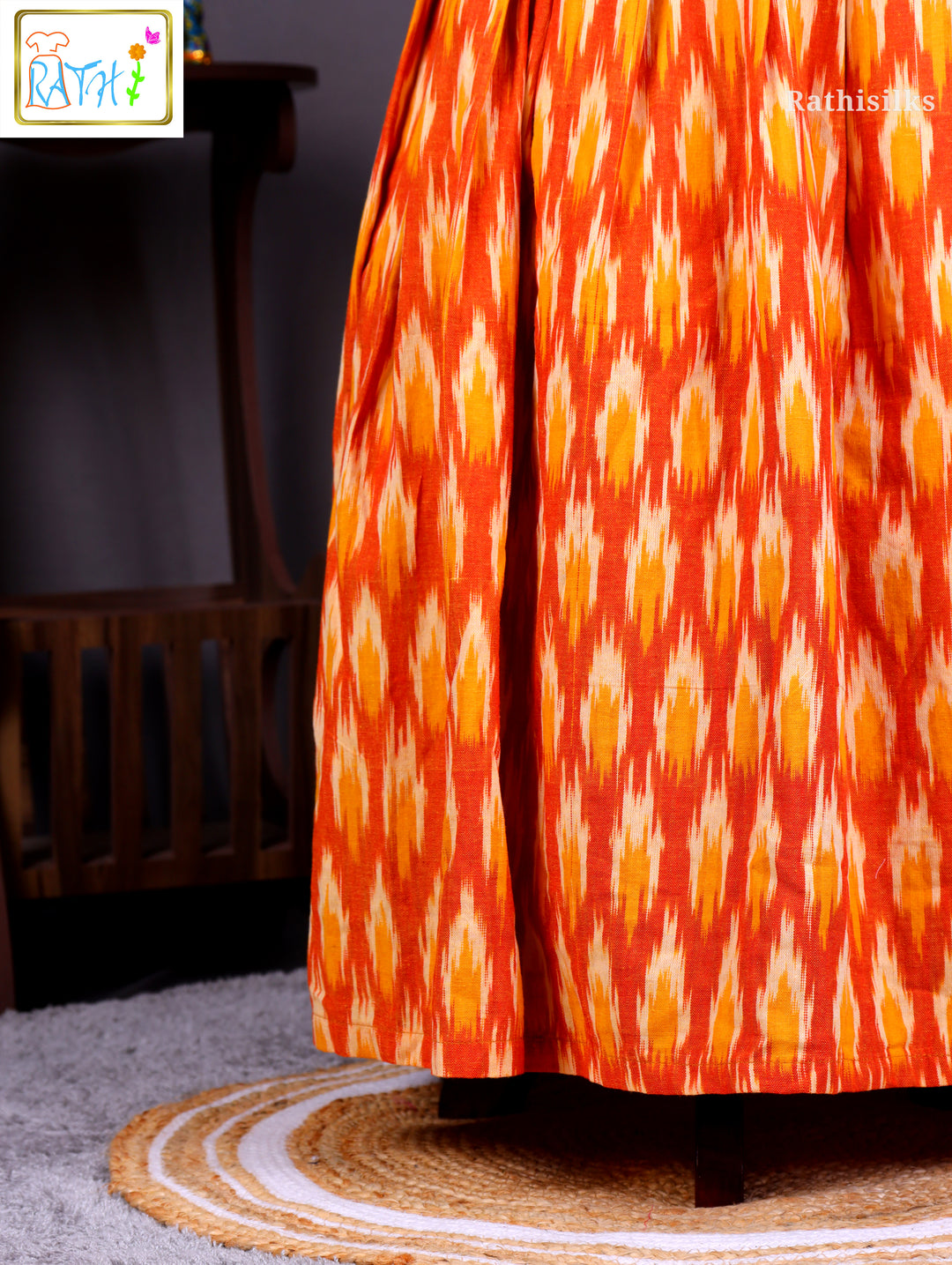 Elegant Orange Ikat Cotton Frock