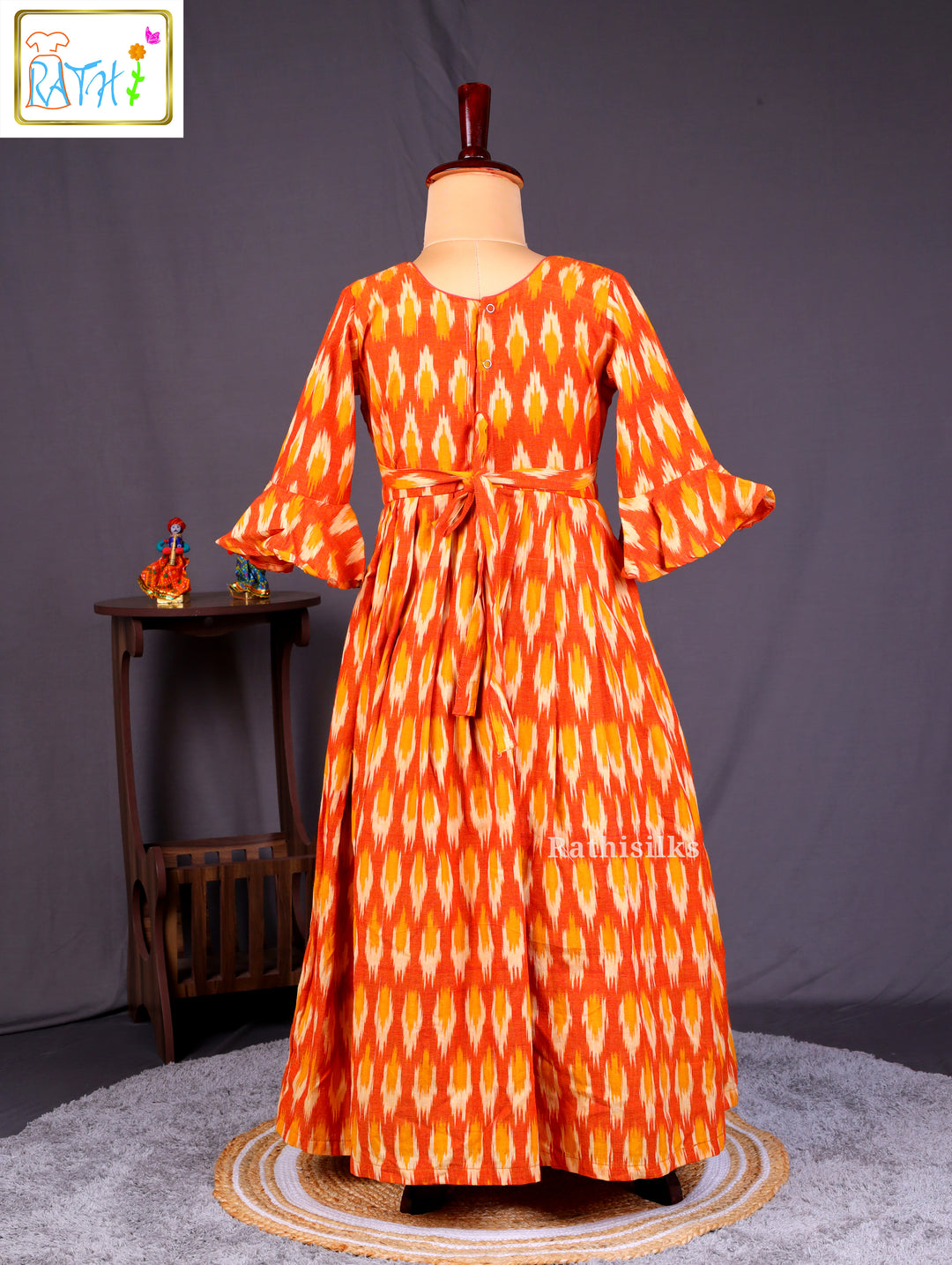 Elegant Orange Ikat Cotton Frock