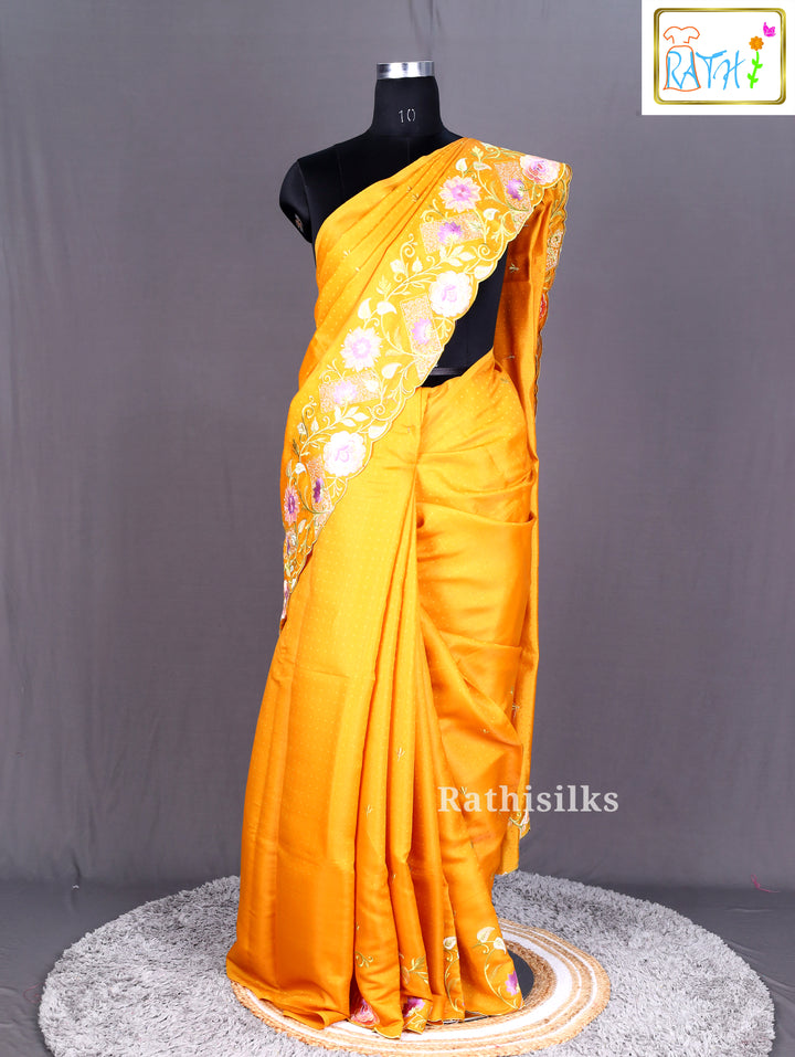 Bright Yellow Synthetic Embroidered Saree