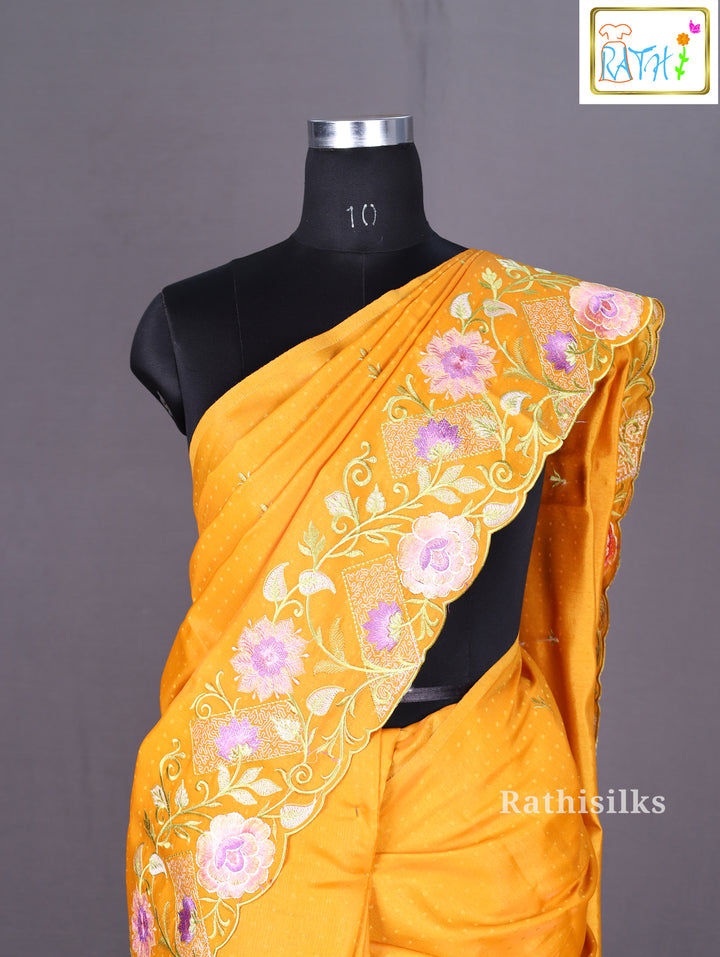 Bright Yellow Synthetic Embroidered Saree