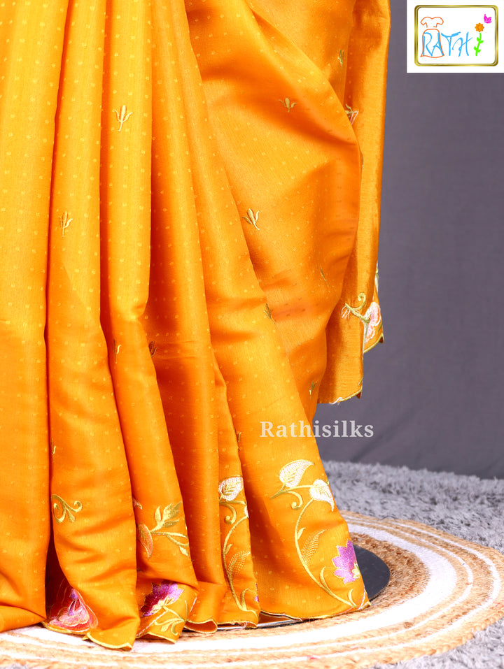 Bright Yellow Synthetic Embroidered Saree