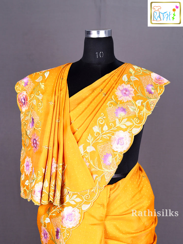 Bright Yellow Synthetic Embroidered Saree