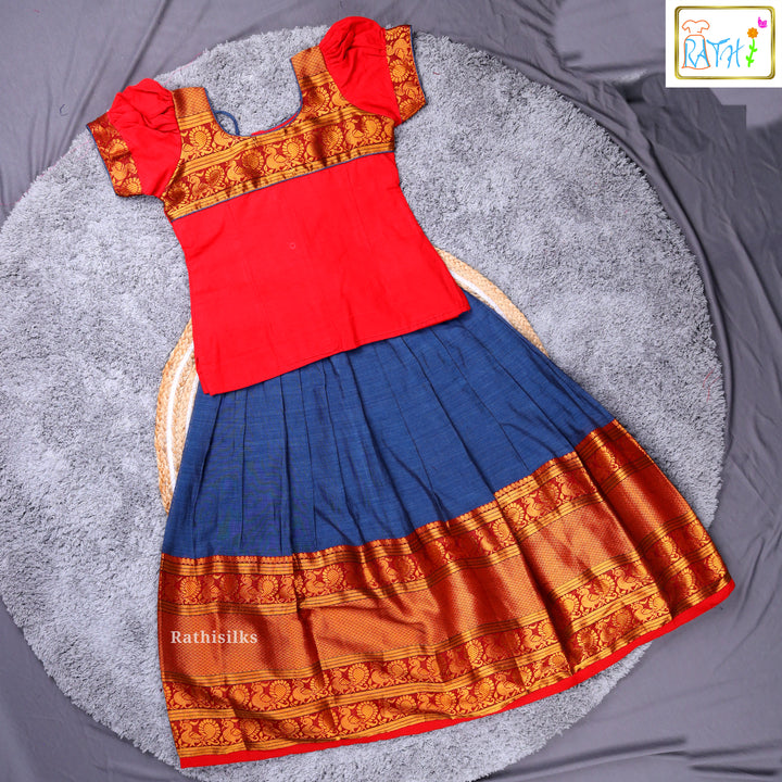Traditional Red & Blue Narayanapet Pavadai Sattai